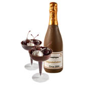 Chocolate Champagne Bottle with Champagne Glasses filled with Cherries
